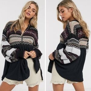 Free People Cabin Fever Swit Sweater Long Sleeve Half Zip  Metallic Black Sm NWT